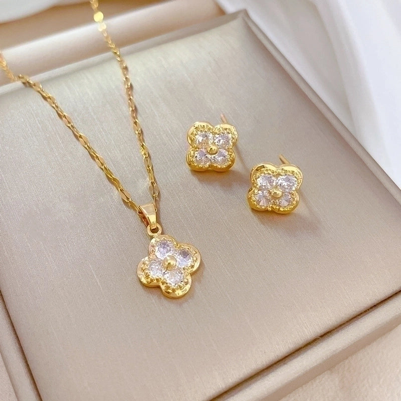 Copper Minimalist Plating Inlay Rhombus Bow Knot Zircon Jewelry Set