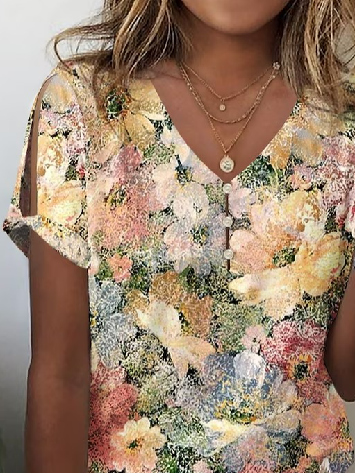 Casual Floral Cotton V Neck T-Shirt