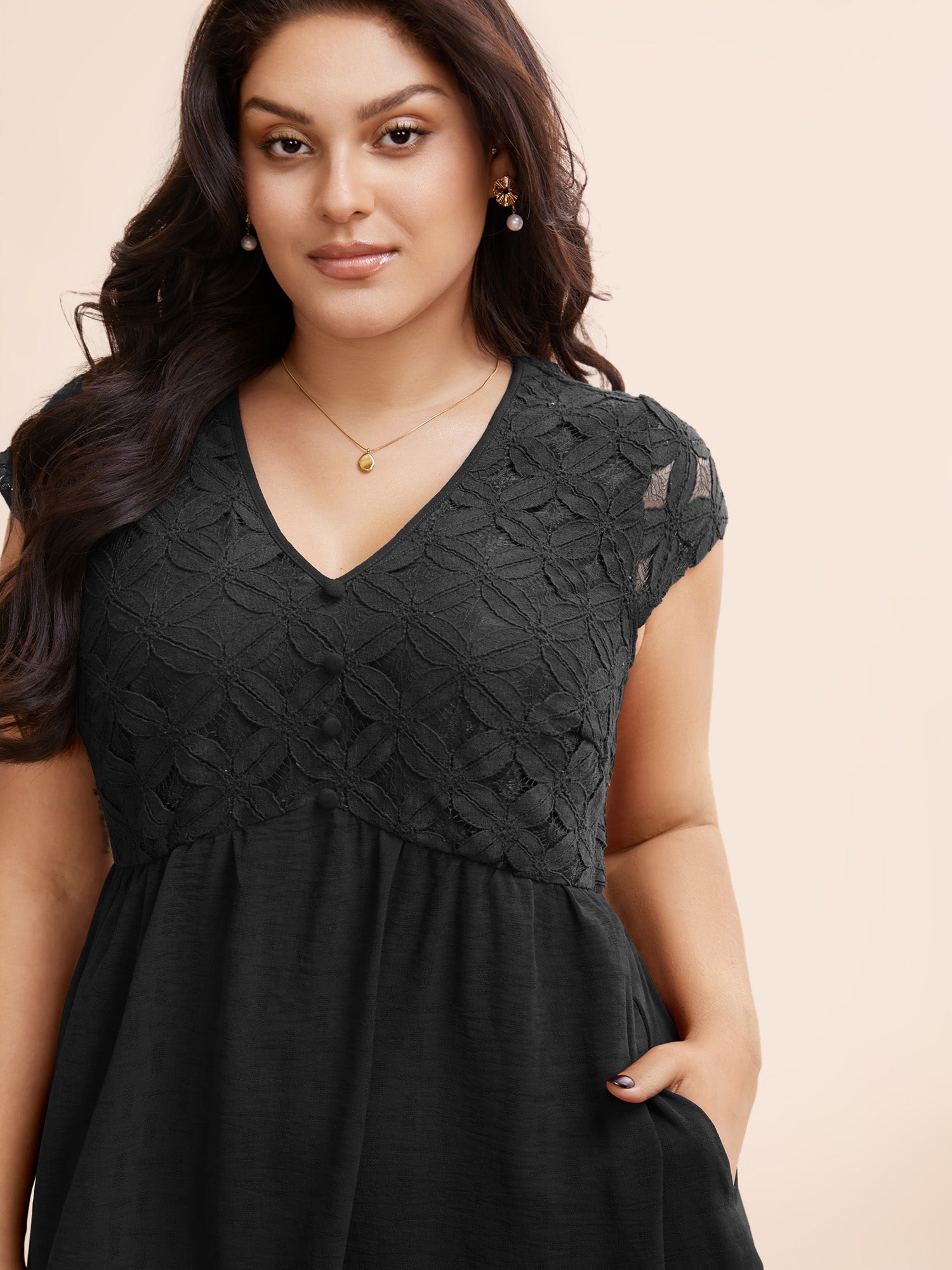 Plain Lace Panel Cap Sleeve Dress