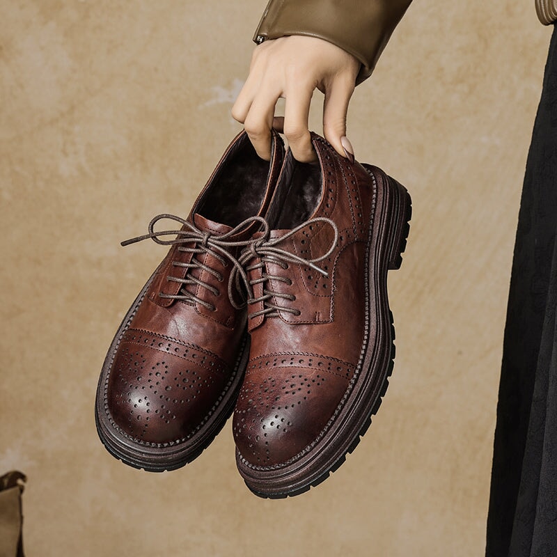 Vintage British Brogue Shoes - Round Toe Low-Heel Lace-Up Oxfords Black/Brown
