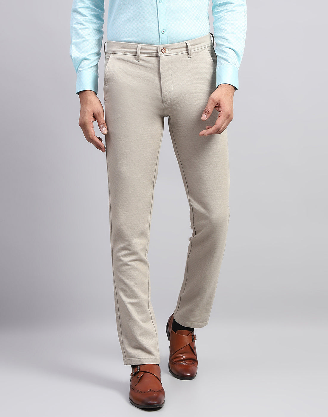 Men Beige Solid Smart Fit Trouser