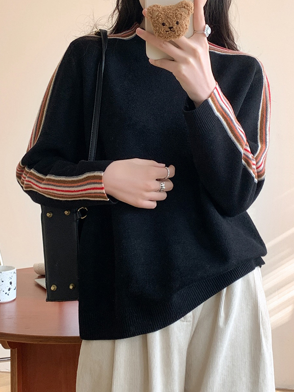 Long Sleeves Loose Contrast Color Striped Mock Neck Pullovers Sweater Tops