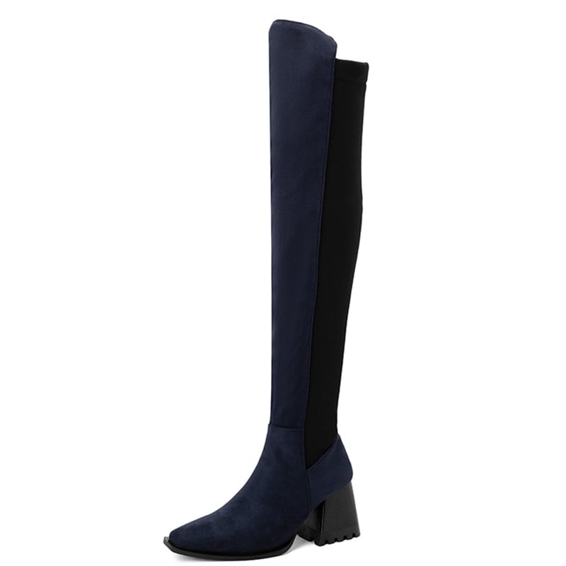 Suede Colorblock Patchwork Pointy Toe Chunky Heels High Leg Boots