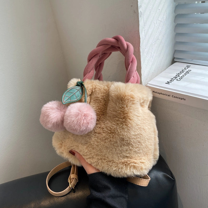 Women's All Seasons Plush Solid Color Elegant Bucket Magnetic Buckle Shoulder Bag Handbag Bucket Bag