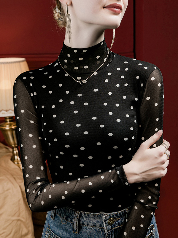 Long Sleeves Plus Size Polka-Dot Mock Neck T-Shirts Tops