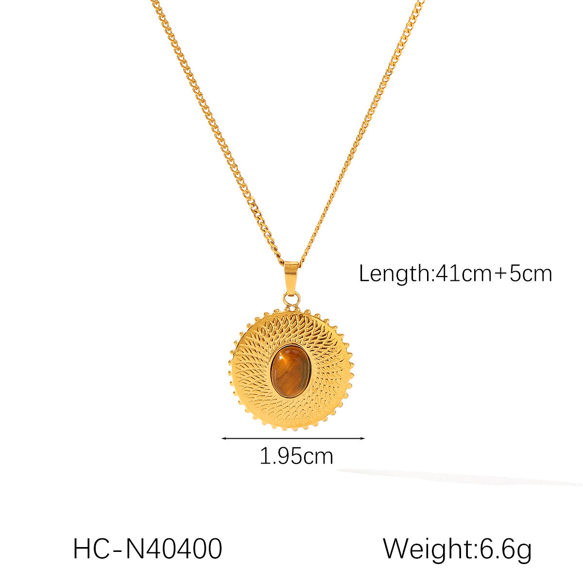 Retro Round Texture Stainless Steel Inlaid Tiger Eye Stone Pendant Necklace Female Versatile Titanium Steel Necklace