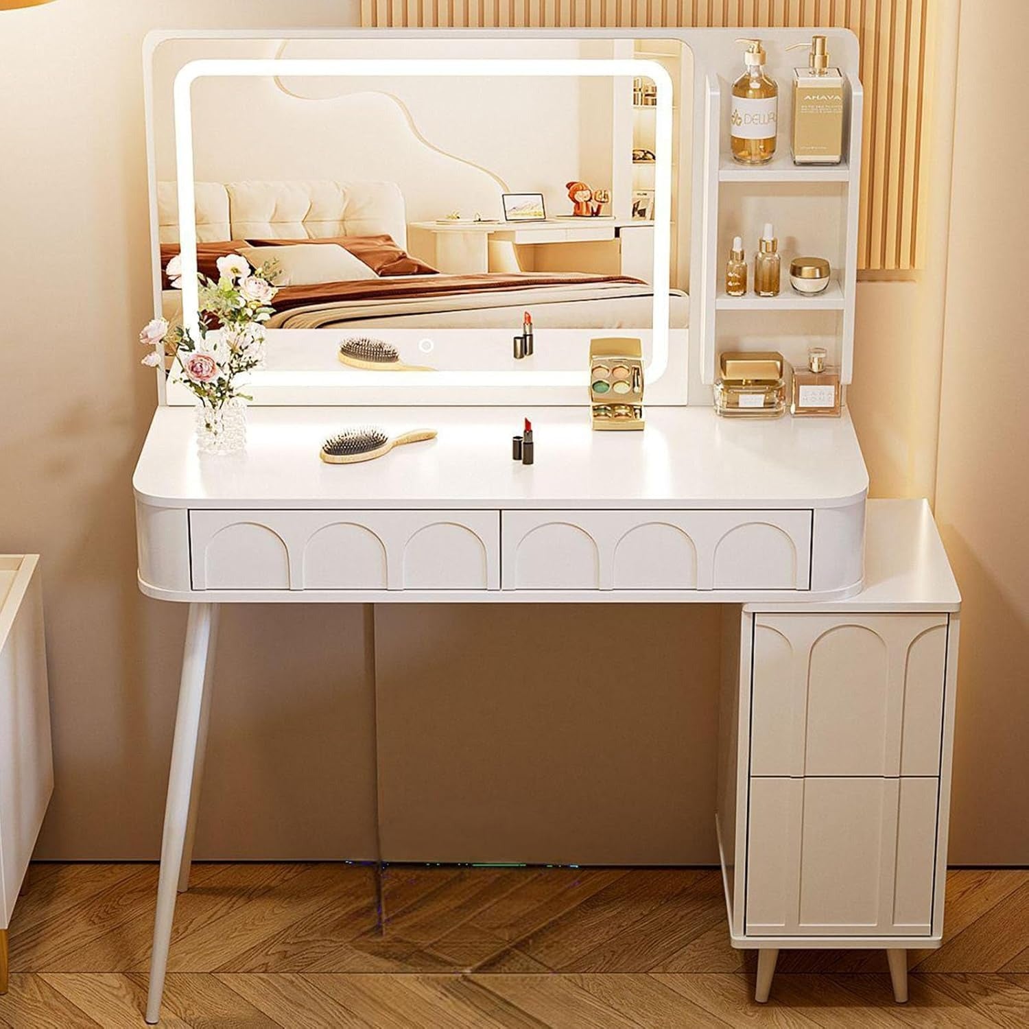 Makeup Vanity Desk with Lights and Mirror. Big Modern Make Up Vanity Table with lighted mirror and 4 drawers