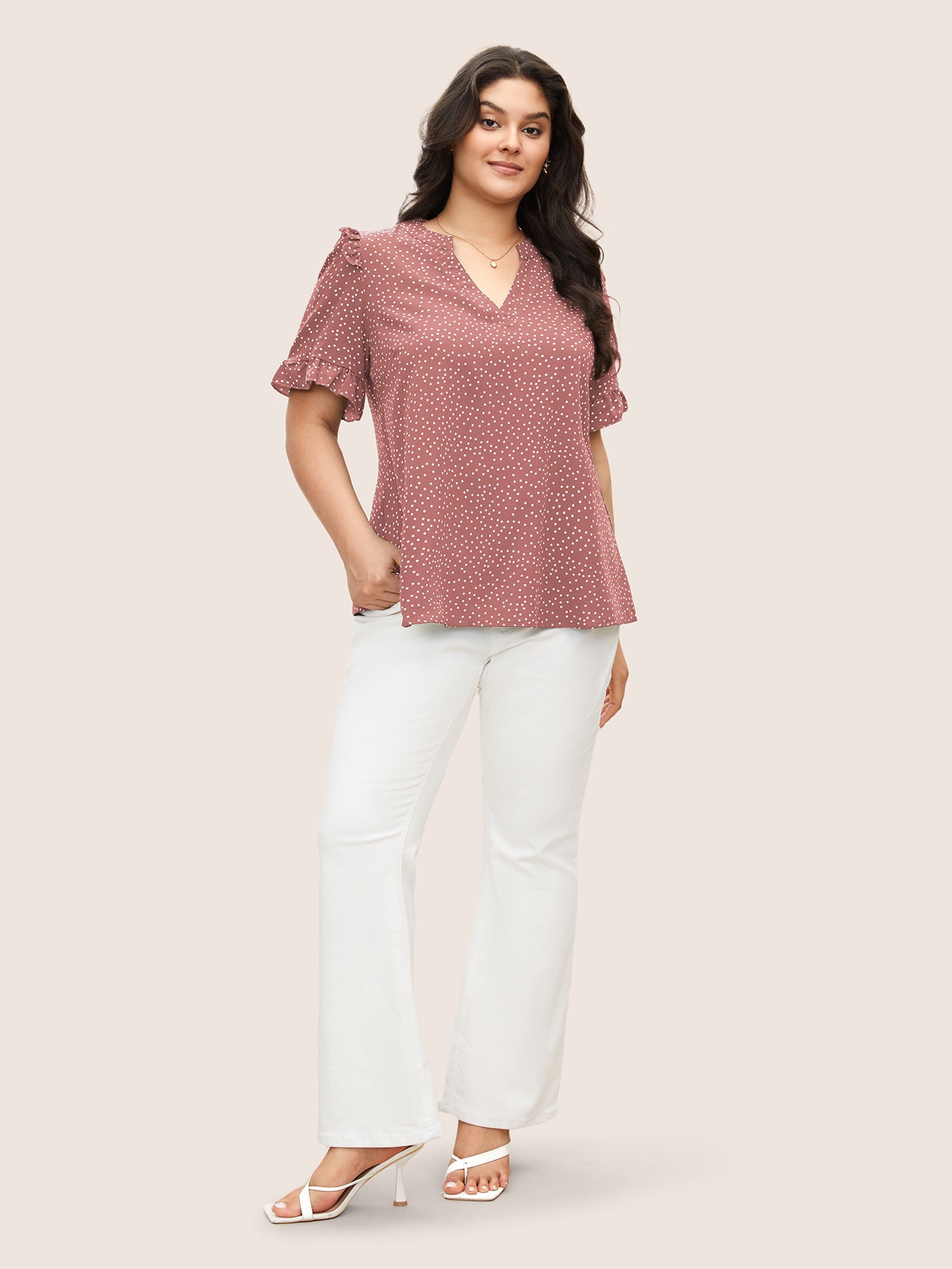 Polka Dot V Neck Ruffle Trim Blouse