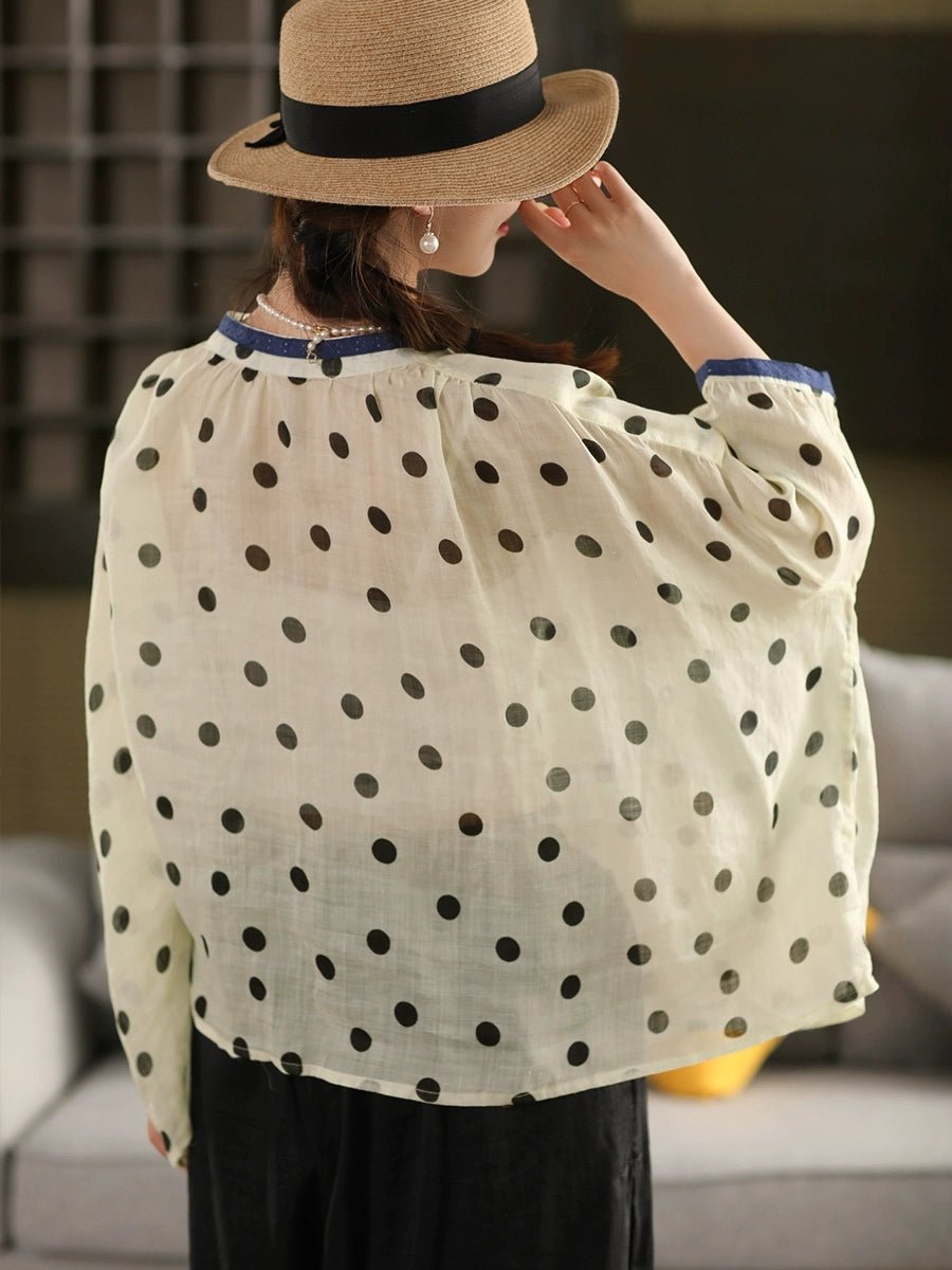 Women Summer Artsy Dot Stand Collar 100%Raime Shirt