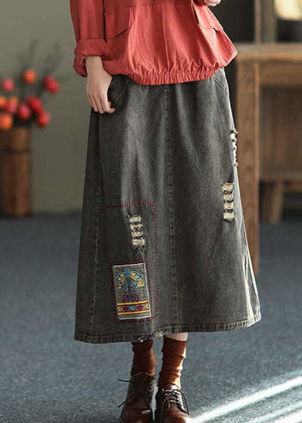 Fashion Black Side Open Embroidered Pockets Cotton Denim Ripped Skirt Summer