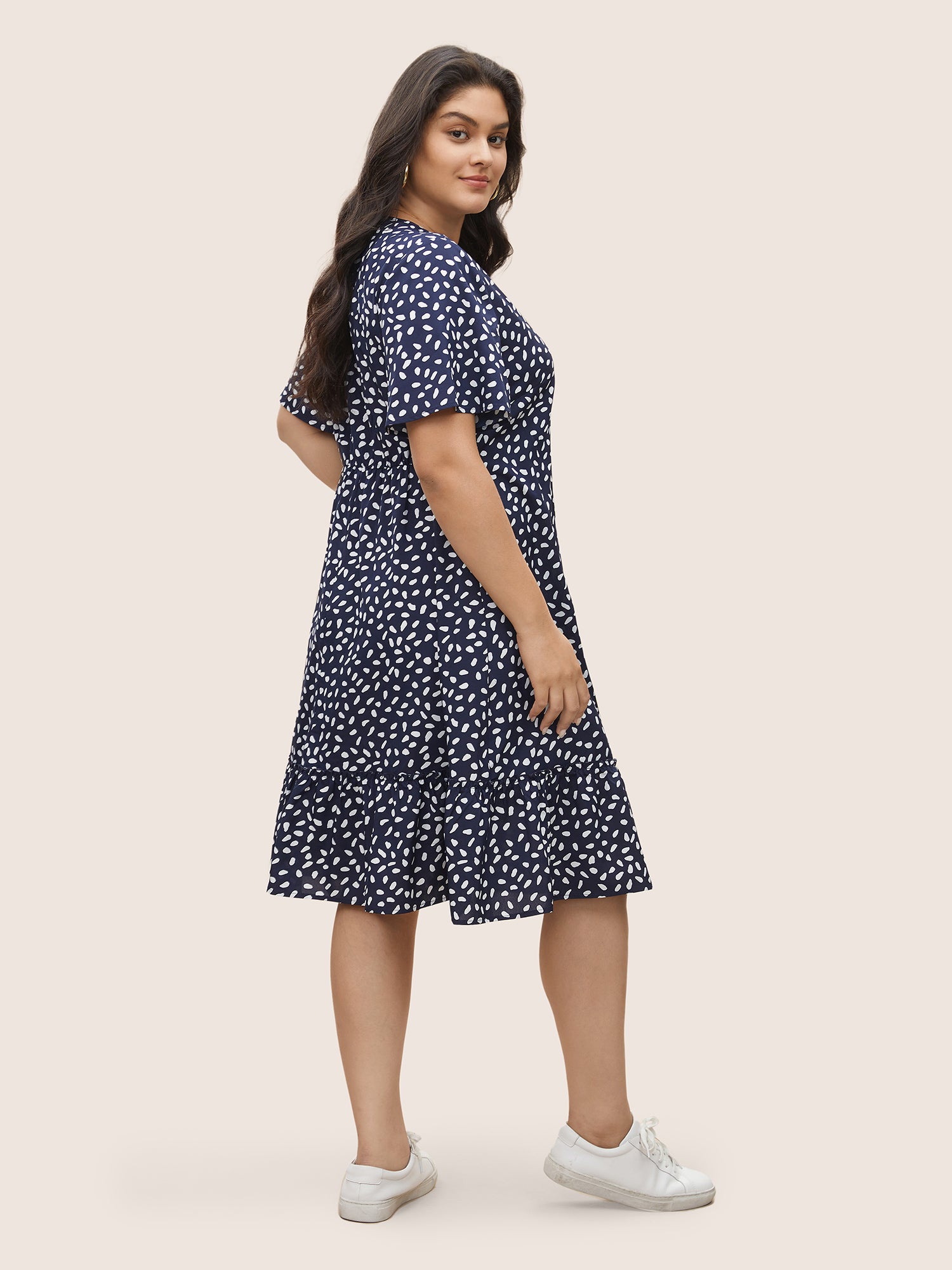 Polka Dot Button Detail Flutter Layered Hem Dress