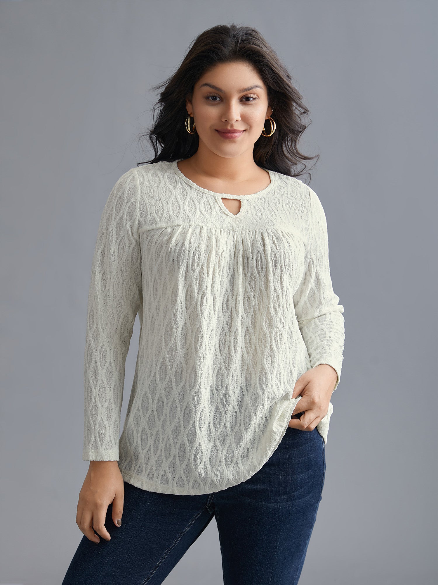 Textured Keyhole Gathered Knit Top