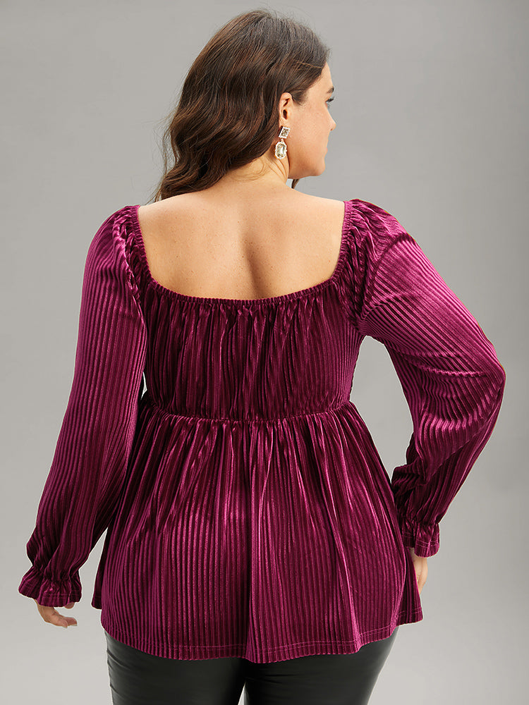 Velvet Frill Trim Shirred Square Neck Blouse