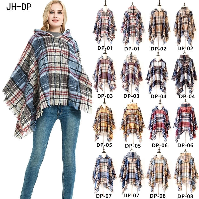 Direct New Cape Europe And The United States Spring And Autumn And Winter New Barbed Wool Pullover Plaid Hat Cape Shawl