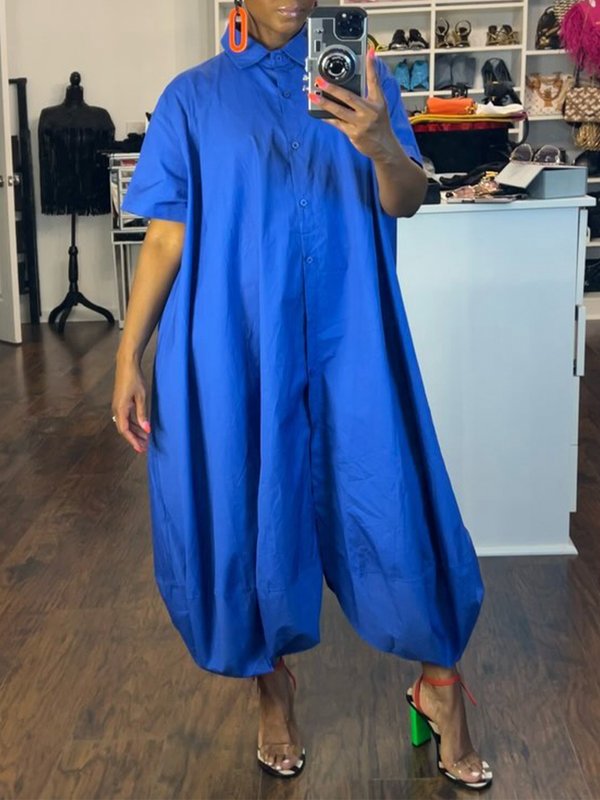 Half Sleeves Loose Buttoned Elasticity Solid Color Lapel Jumpsuits