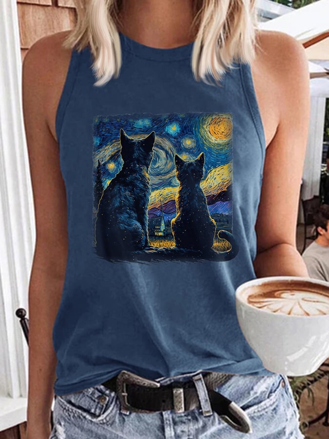 Women's Starry Night Black Cat Print Vest