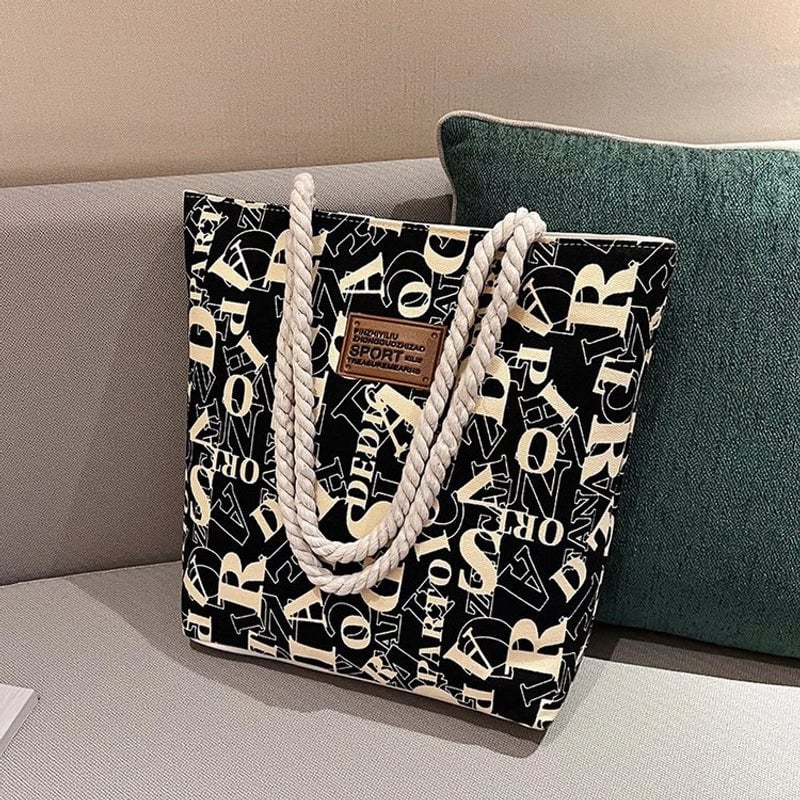 Women's Large Canvas Letter Streetwear Square Zipper Tote Bag