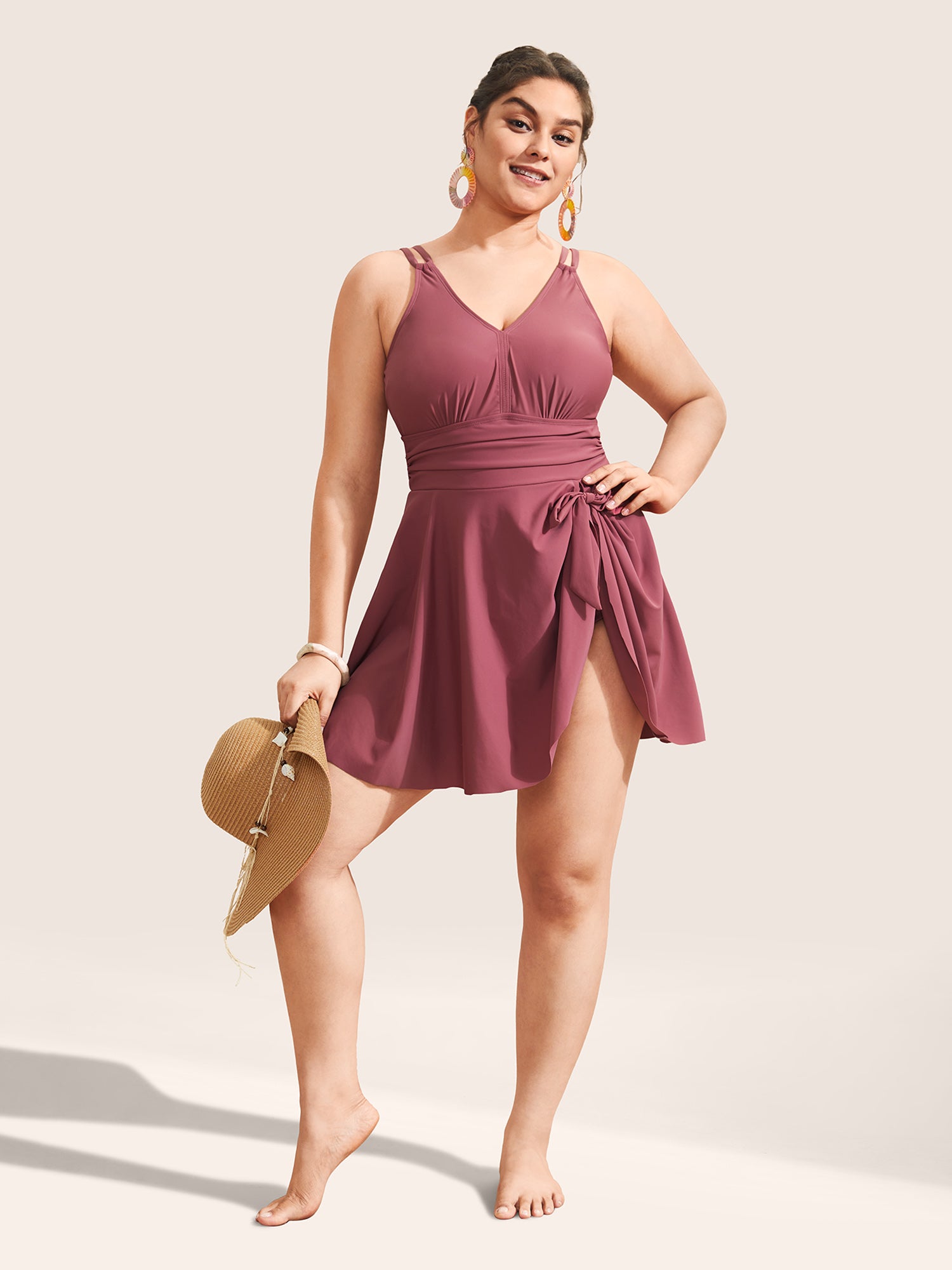 Plain Gathered Knot Adjustable Straps Swim Dress