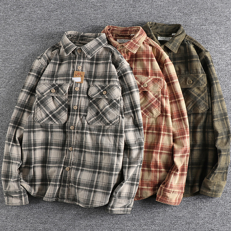 Vintage Washed Corduroy Plaid Long-Sleeved Shirt
