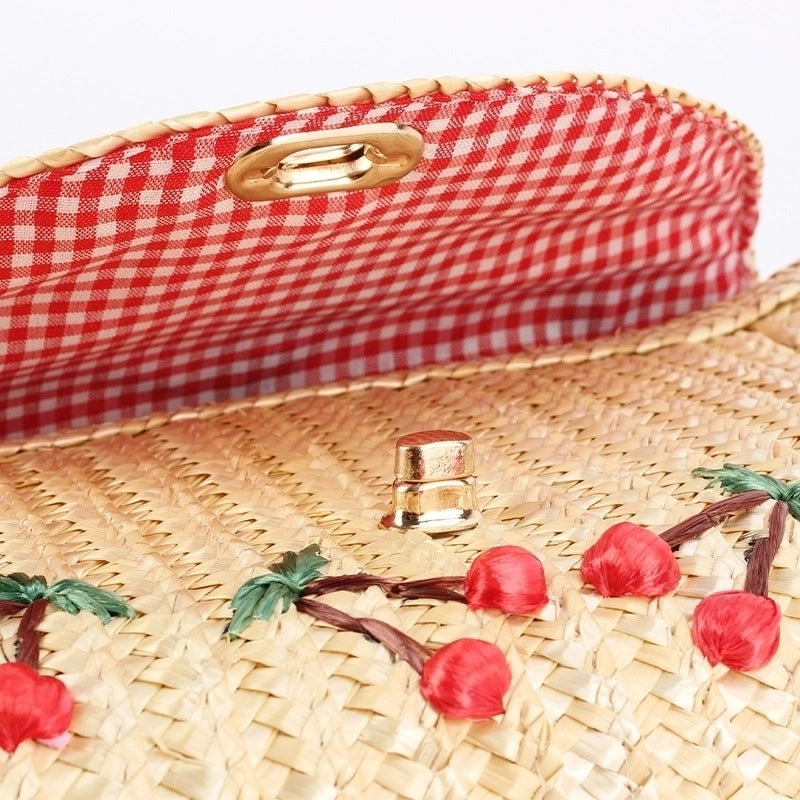 Women's Cherry Straw Weave Lock Clasp Wallets
