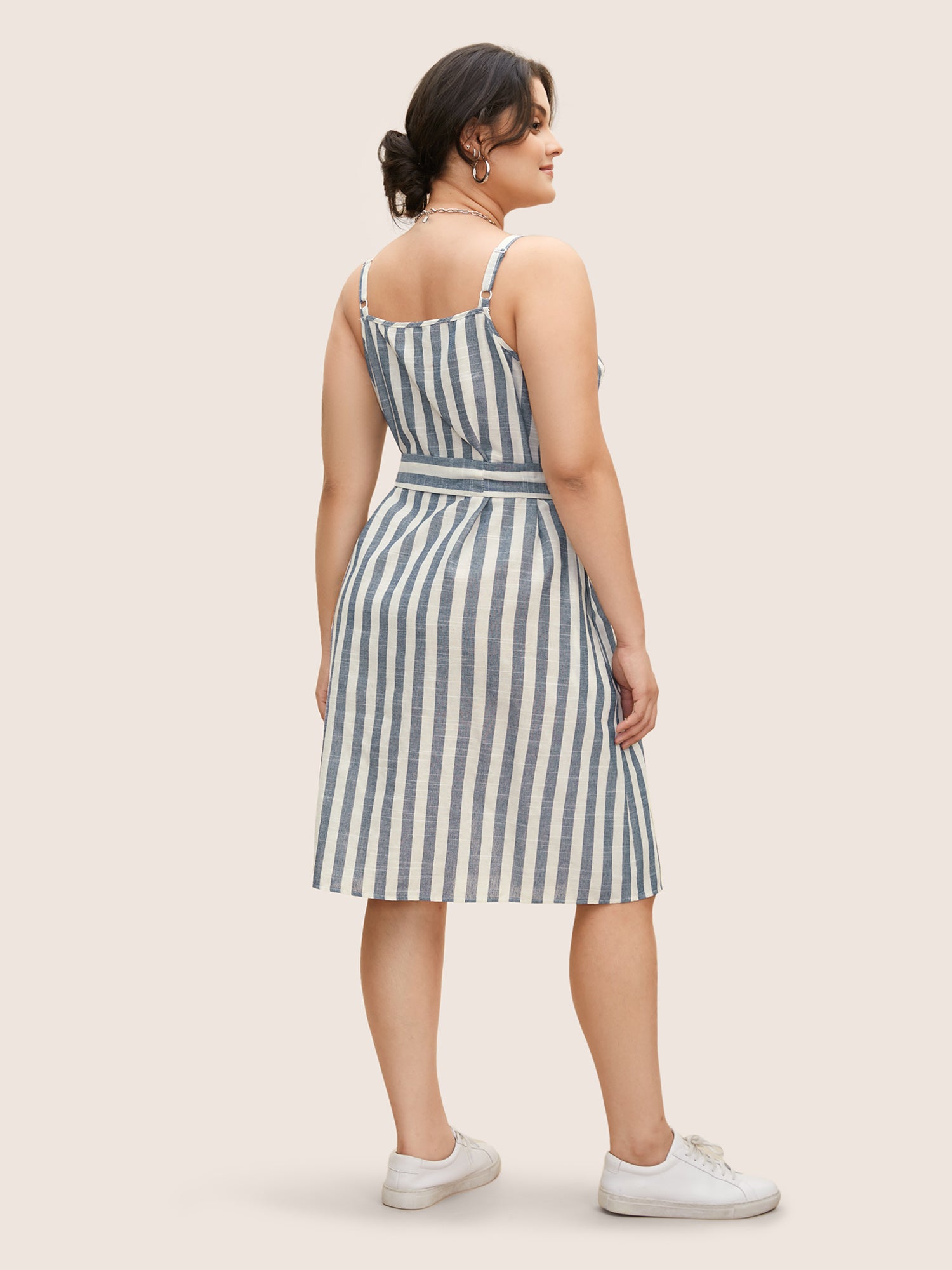 Striped Button Detail Belted Cami Dress