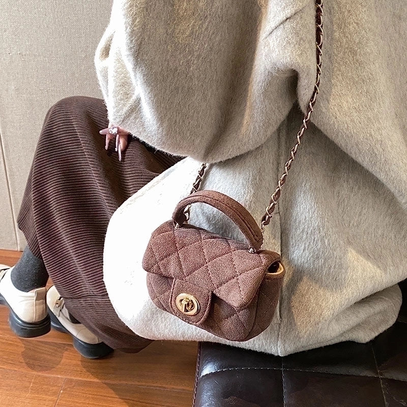 Women's Suede Solid Color Basic Metal Button Square Lock Clasp Shoulder Bag Crossbody Bag
