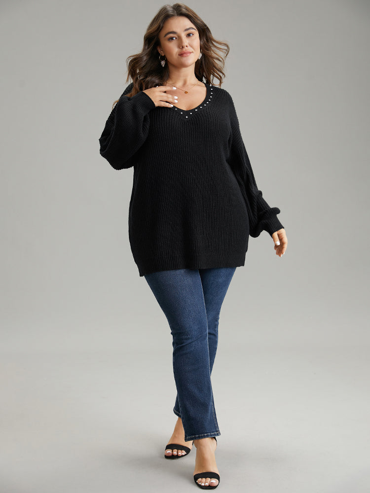 Rhinestone V Neck Drop Shoulder Pullover