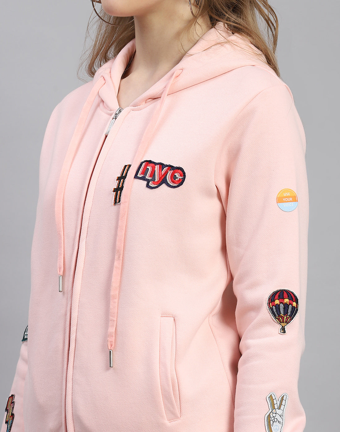 Women Pink Embroidered Hooded Full Sleeve Sweatshirt