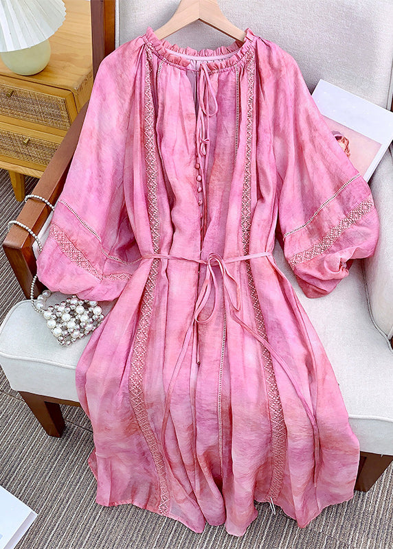 Loose Pink Ruffled Lace Up Cotton Long Dress Lantern Sleeve