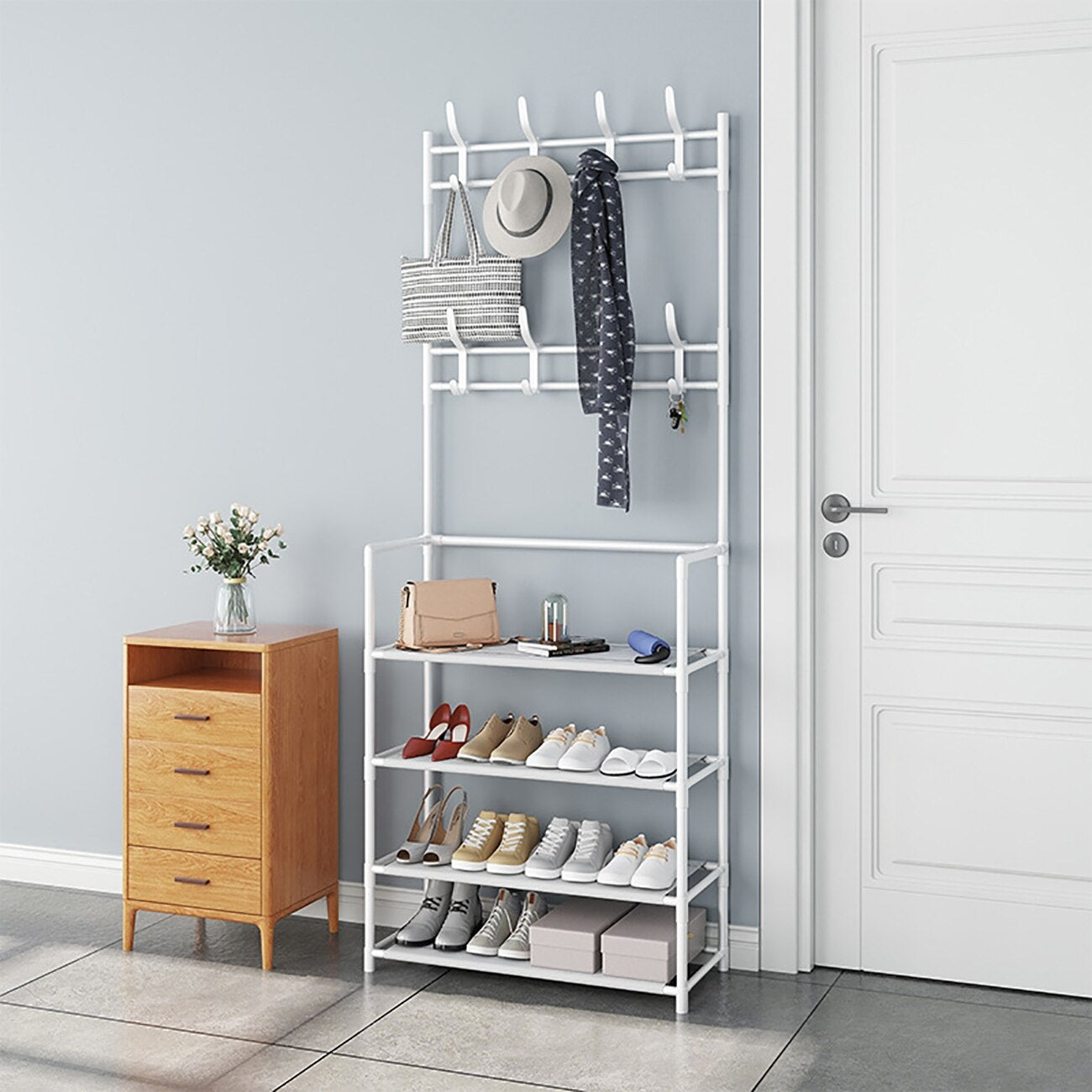 Multi-Function 4 Tiers Shoes Rack With Hanger. Living Room Clothes Storage Rack