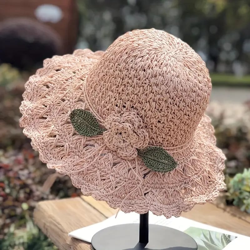 Elegante Sombrero De Paja De Crochet Con Detalle De Volantes