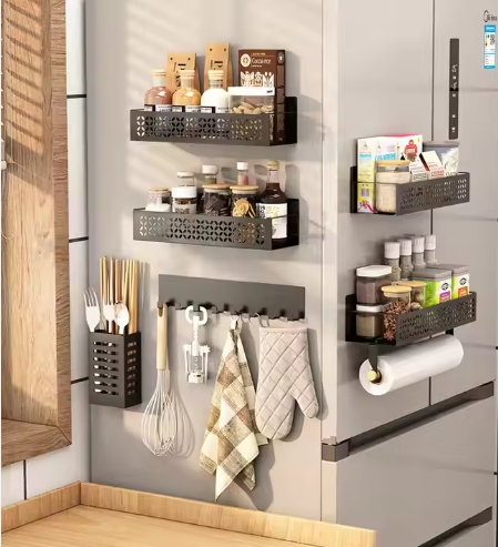 Wall-Mounted Punch-Free Thick Carbon Steel Magnetic Storage Rack Double-Tier Kitchen Spice Side Refrigerator Organizer Metal