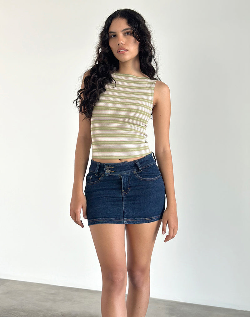 Dudley Vest Top in Green. Pink and White Stripe