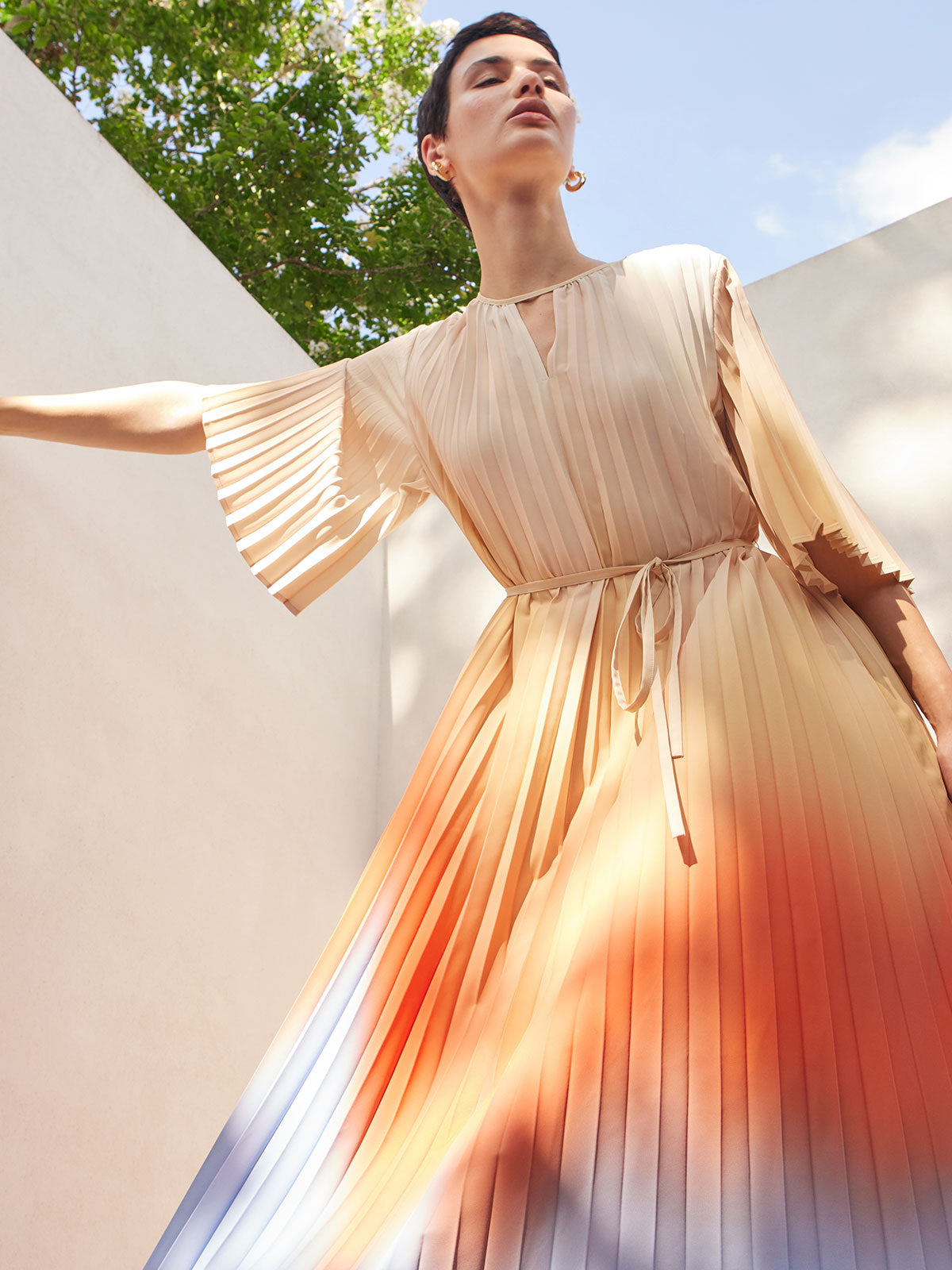 Pleated Ombre Crepe de Chine Maxi Dress - Modern Fit