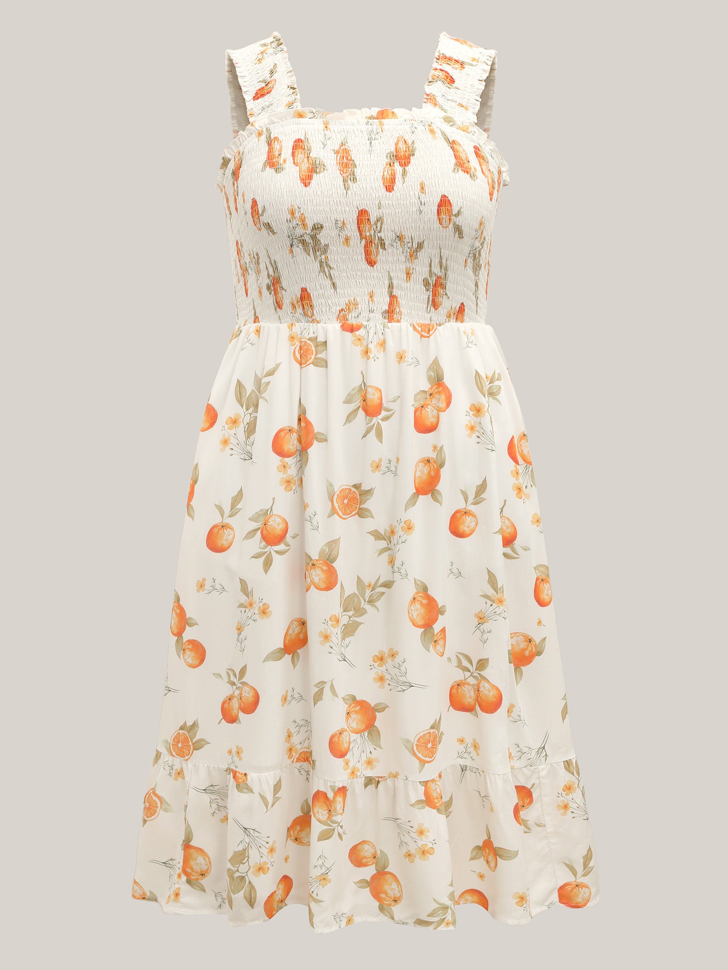 Citrus Print Shirred Pockets Midi Dress
