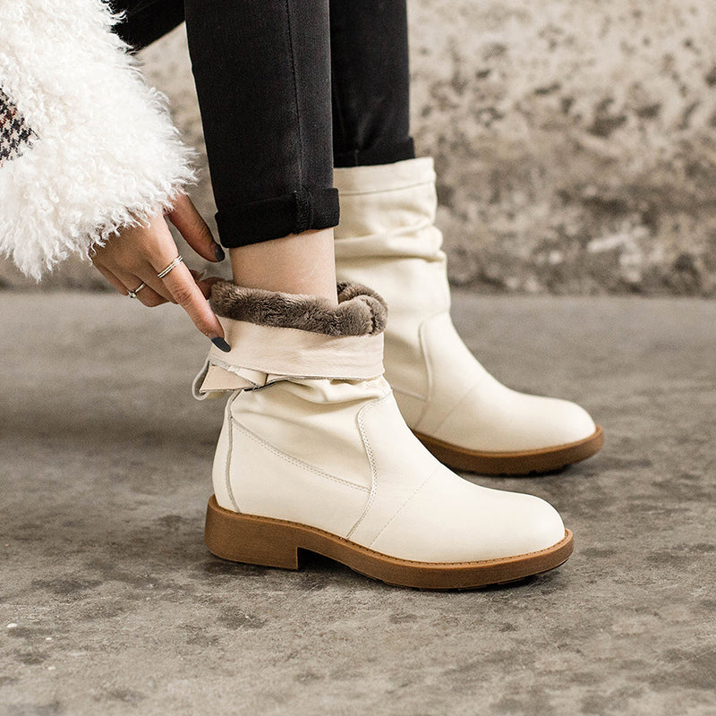 Soft?Leather Mid Calf Boots Fold Design Riding Boots Short Plush Lined For Winter