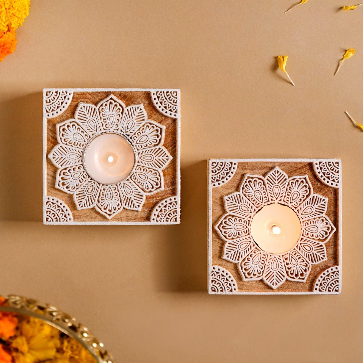 Set Of 2 Square Block Wooden Tea Light Holders