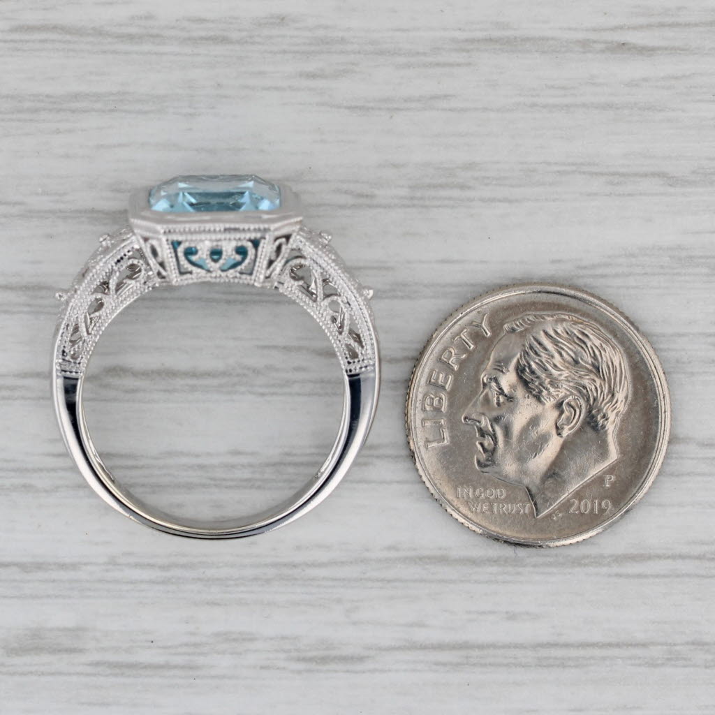 6.45ct Blue Topaz Solitaire Filigree Ring 14k White Gold Size 7