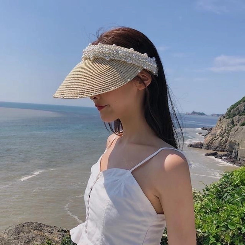 Women's Minimalist Classic Style Color Block Pearl Wide Eaves Sun Hat
