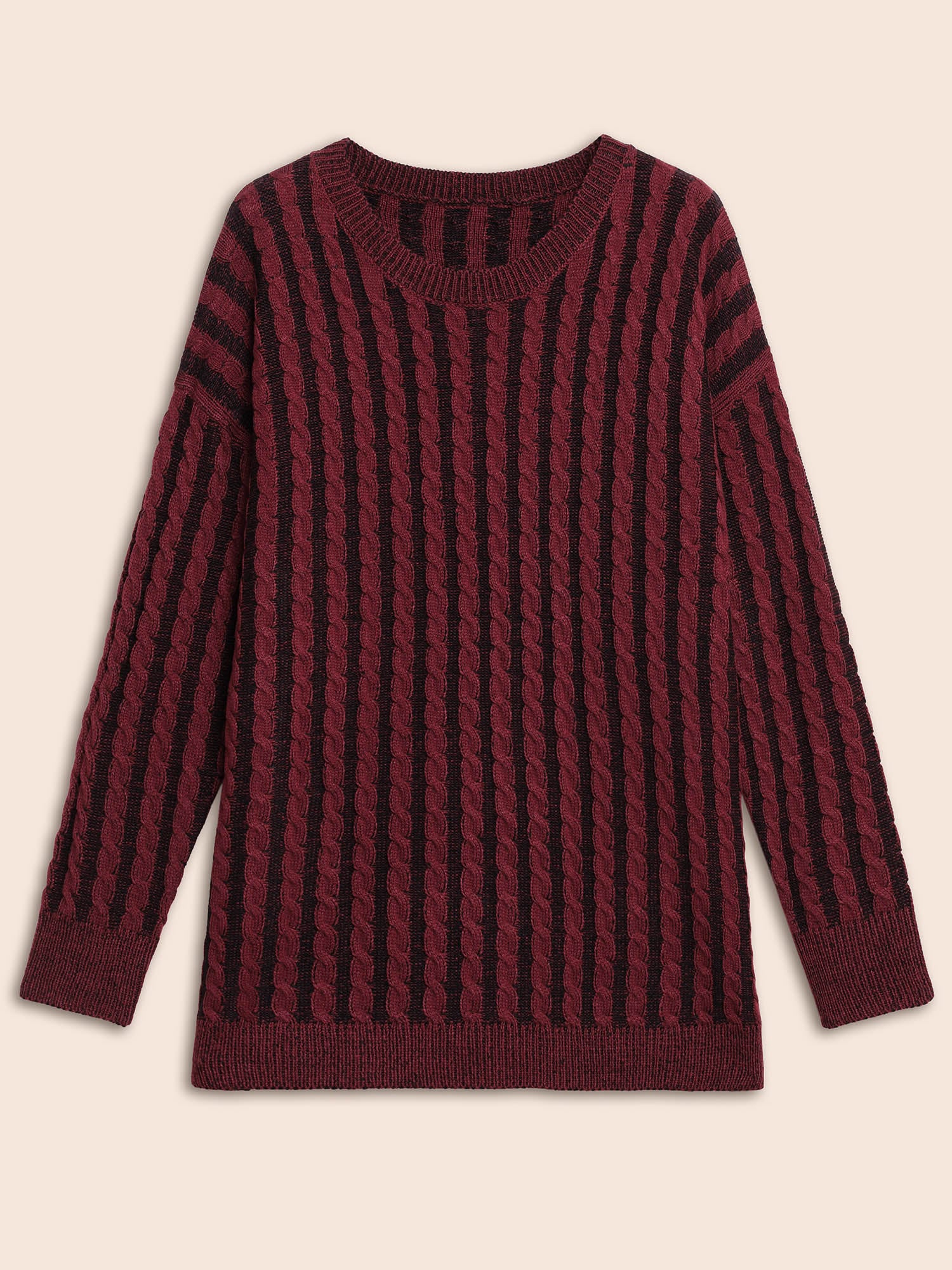 Crew Neck Cable Knit Split Hem Pullover