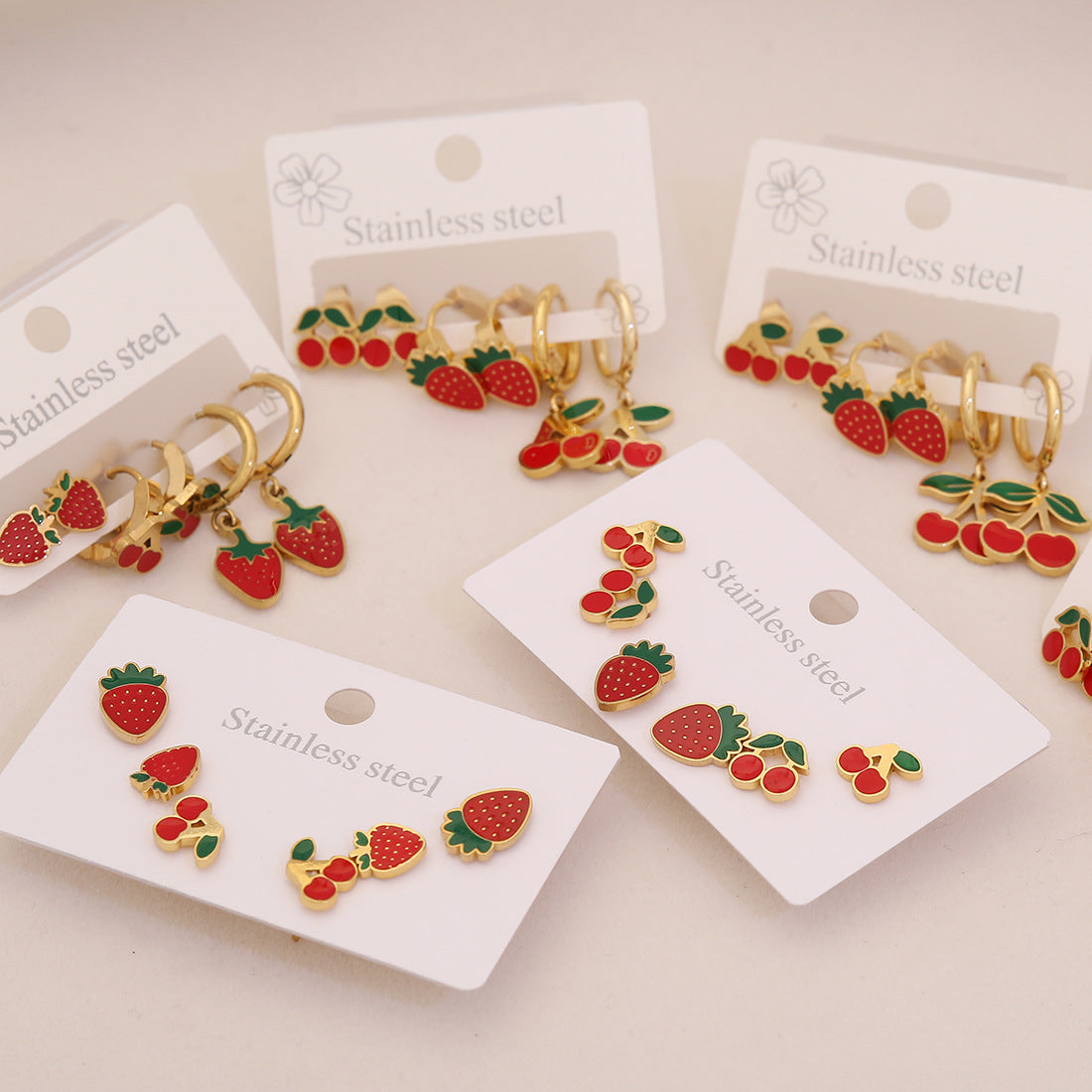 3 Pairs Of Cherry Strawberry Earrings Cute Stainless Steel Earrings For E623