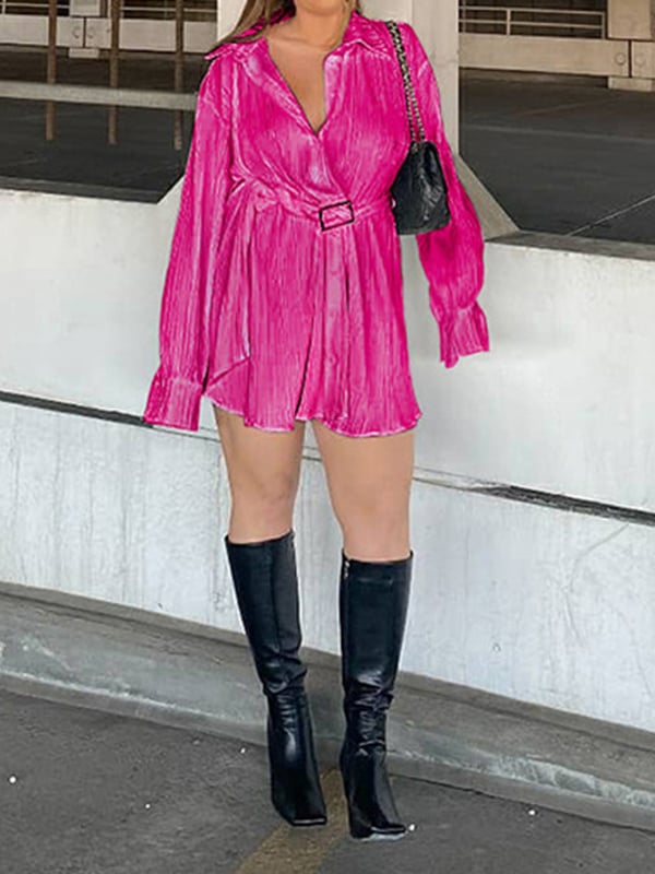 Long Sleeves Buttoned Pleated Solid Color Tied Waist Lapel Mini Dresses Shirt Dress