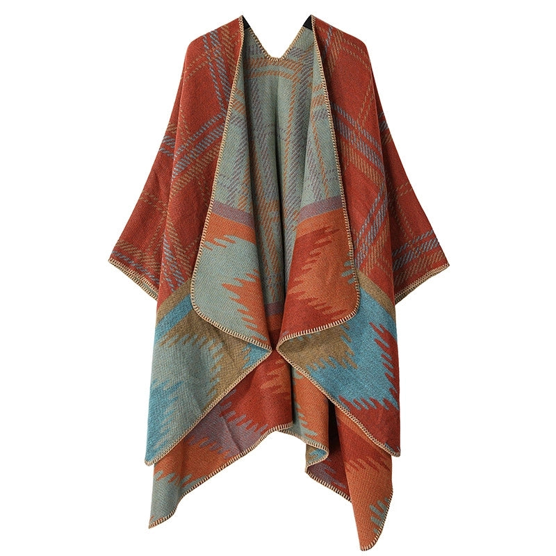 Winter Cashmere Double-sided Plaid Shawl Women's Outer Cape Increased Thickness Warm Knitted Scarf Spot