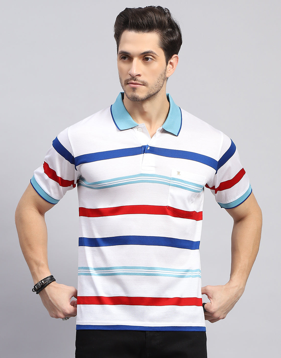 Men White Stripe Polo Collar Half Sleeve T-Shirt