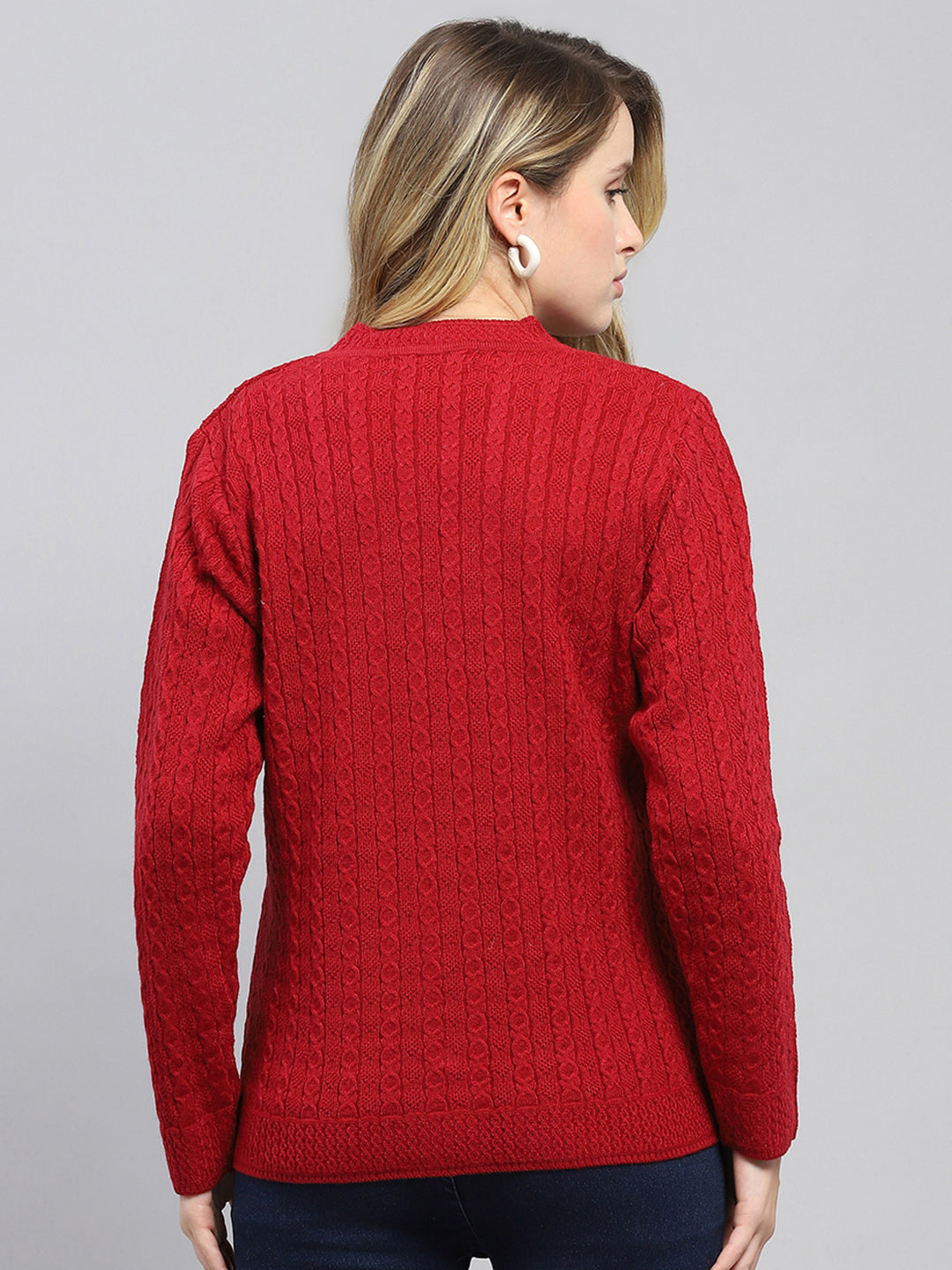 Women Red Self Design V Neck Full Sleeve Cardigan