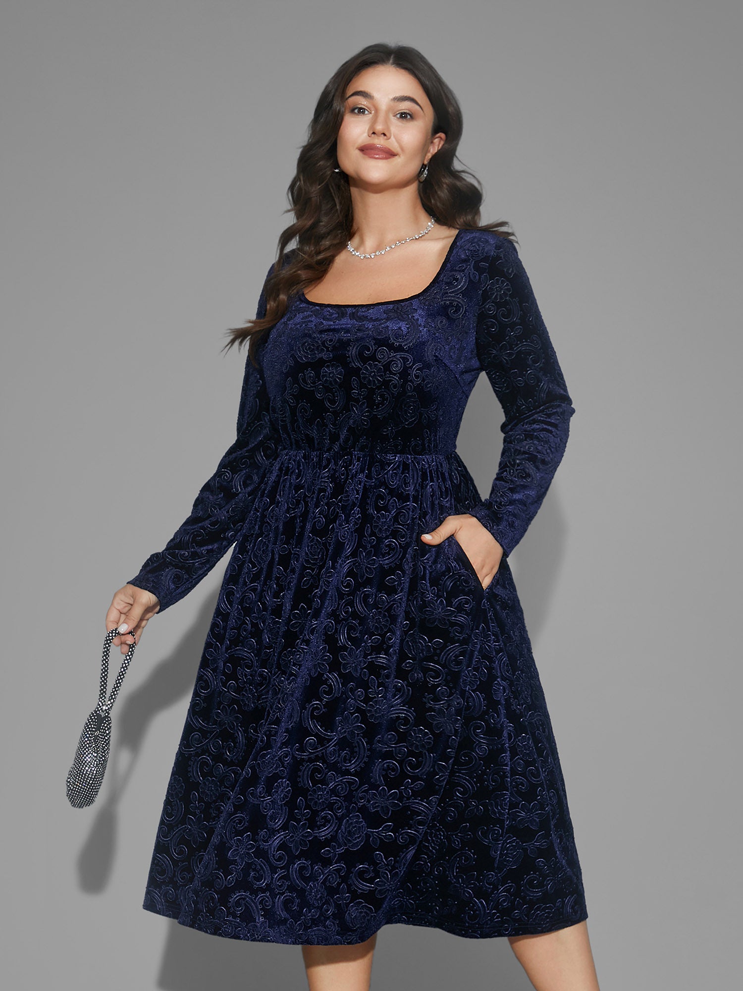 Square Neck Floral Velvet Midi Dress