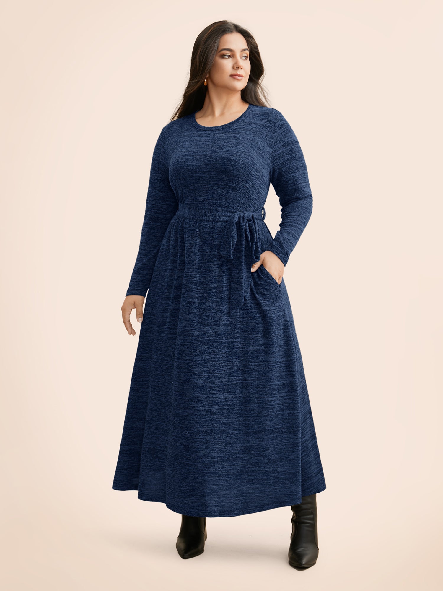 Round Neck Heather Belted Dress