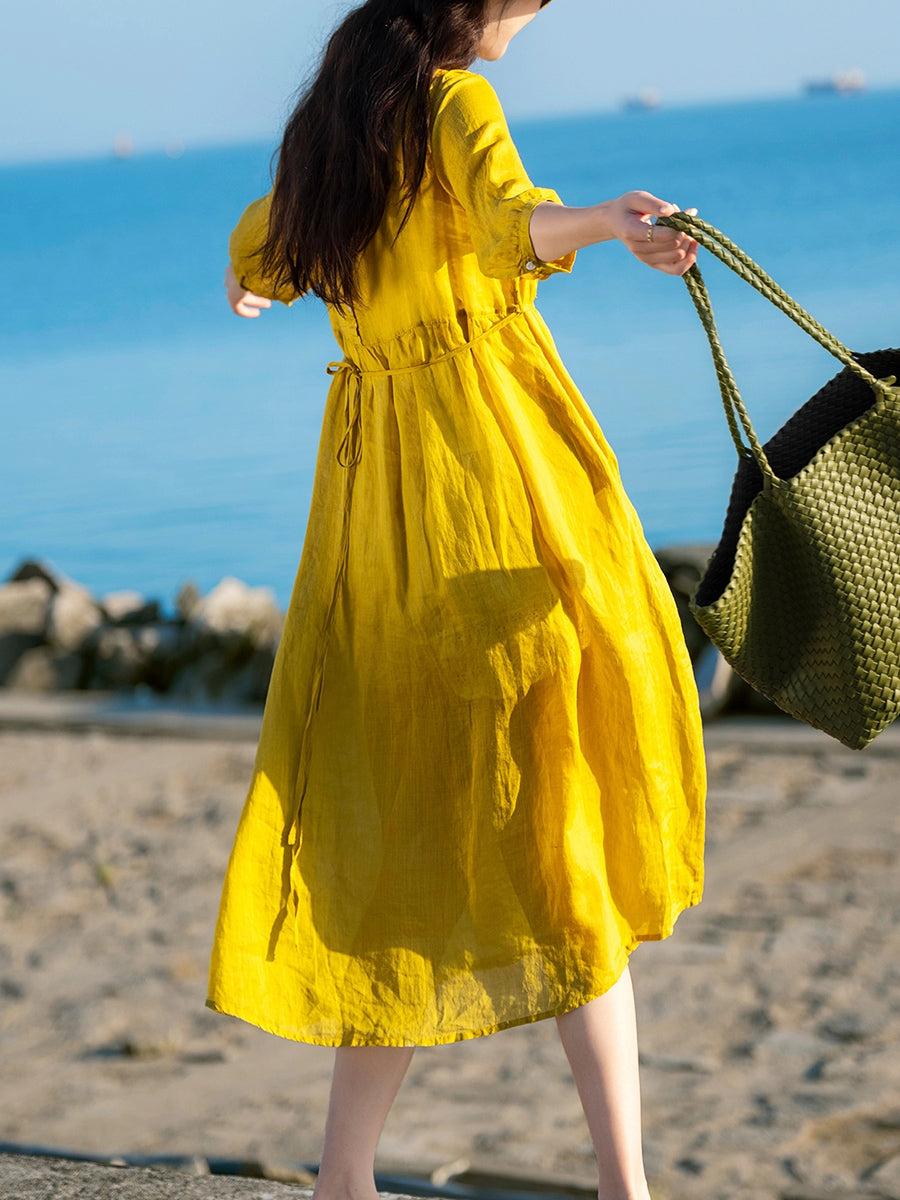 Women Summer Artsy Pure Color O-Neck Shirred 100%Ramie Dress