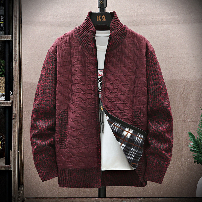 Men's Stand Collar Stitched Plush Cardigan