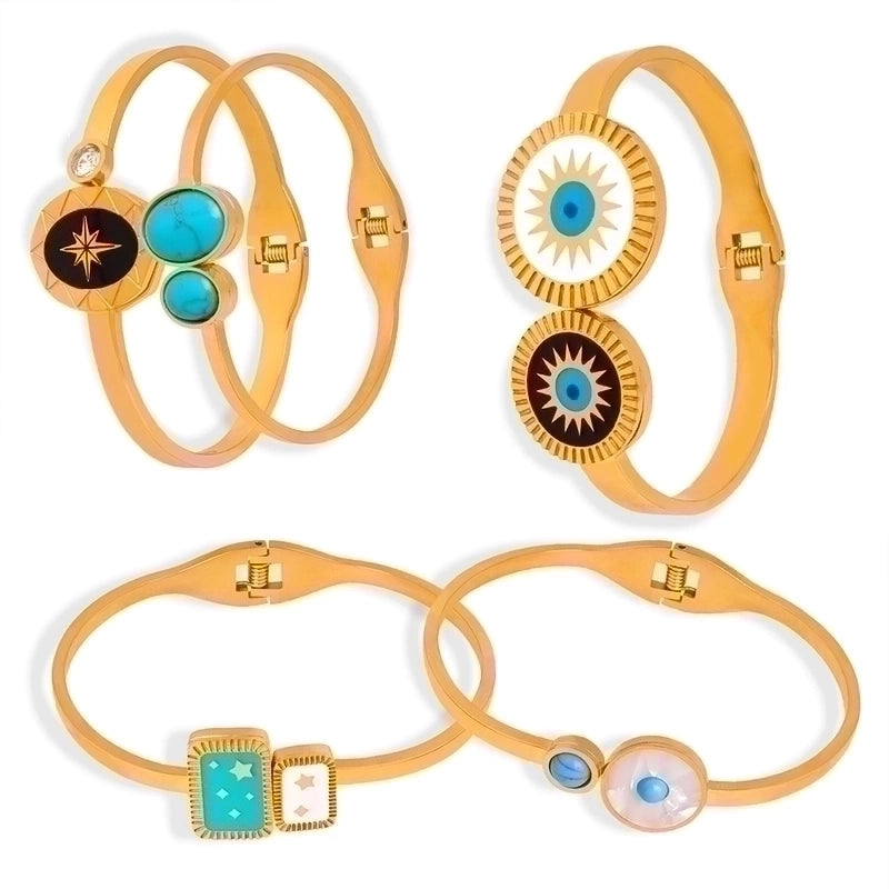 Devil'S Eye Titanium Steel 18K Gold Plated Turquoise Bangle In Bulk